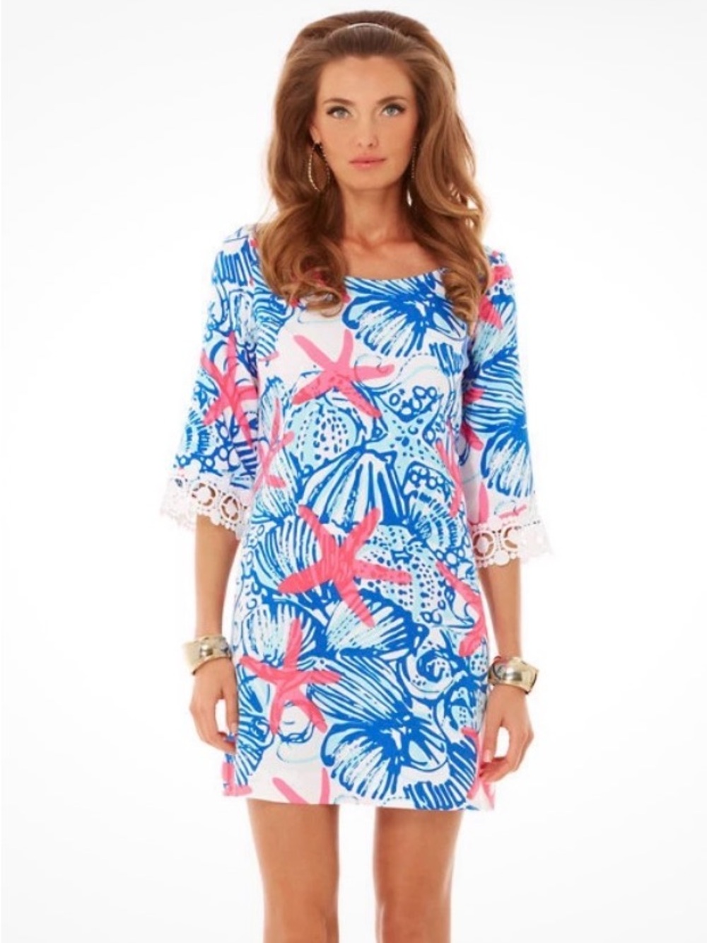 Lilly Pulitzer Pink & Blue Seashell Print Mini Dress with Lace Cuffs